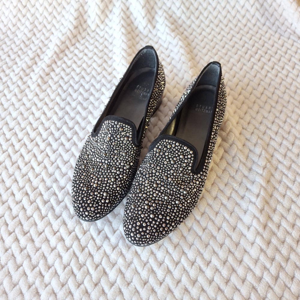 Stuart Weitzman Black Crystal-Embellished Loafers